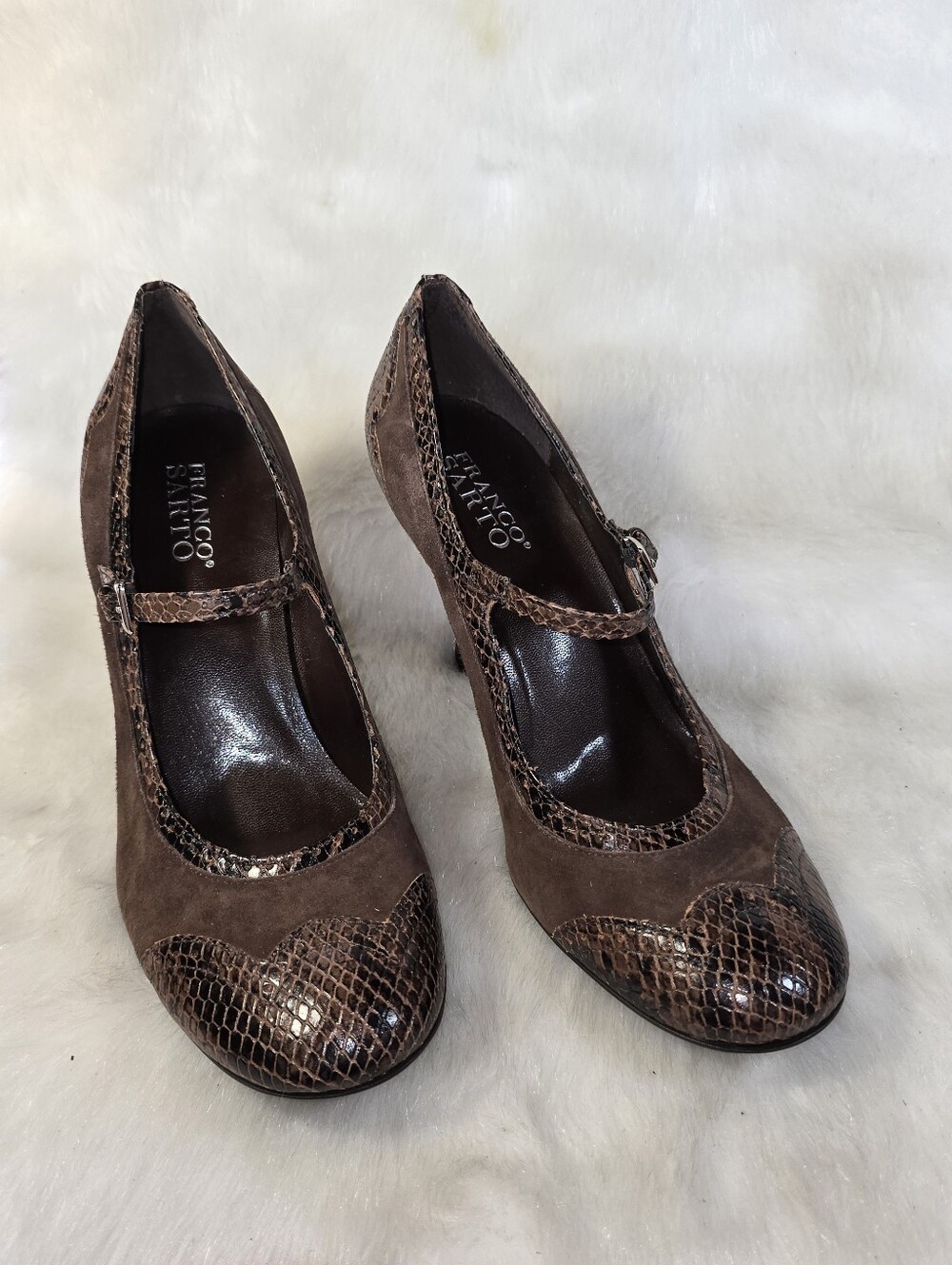 Franco Sarto Brown Suede & Snakeskin "Fallon" Mary Jane Kitten Heel Pumps - Picture 7 of 16
